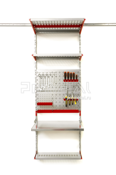 Комплект с откидным Столом-Верстаком (цвет базово окрашенных элементов Красный, цвет остальных элементов Оцинковка без окрашивания, ширина секции одна секция 600 мм)