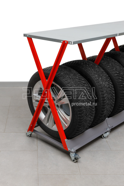Стойка для колёс 1х8 на роликах со стальной столешницей