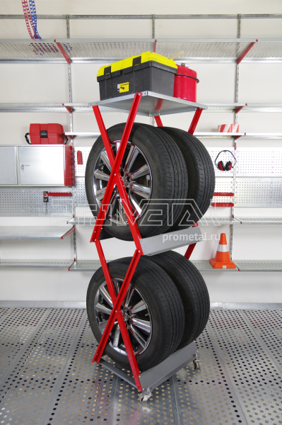 Стойка для колёс 2х2 на роликах с полкой