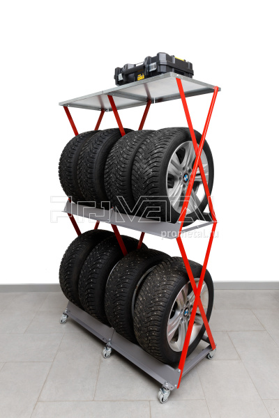 Стойка для колёс 2х4 на роликах с полкой