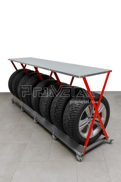 Стойка для колёс 1х8 на роликах с полкой