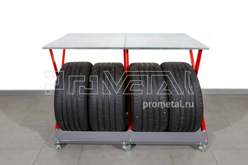 Стойка для колёс 1х4 на роликах с полкой