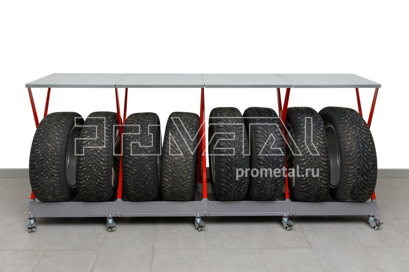 Стойка для колёс 1х8 на роликах со стальной столешницей