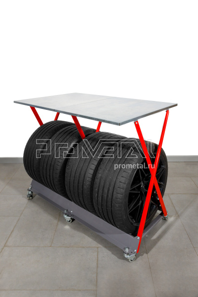 Стойка для колёс 1х4 на роликах со стальной столешницей