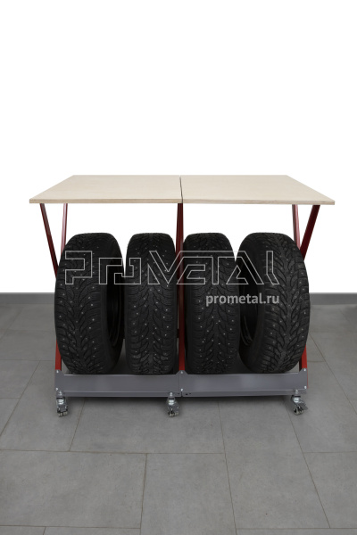 Стойка для колёс 1х4 на роликах с деревянной столешницей